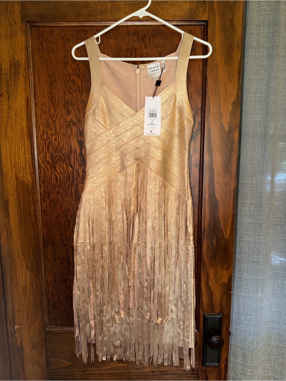 Herve Leger Rose Gold Metallic Fringe Midi Dress